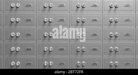 Bank safe deposit boxes background. Closed locked metal lockers in a vault, valuables, jewels, money, gold storage concept. 3d illustration Stock Photo