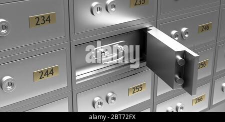 Safe deposit box closeup. Open unlock metal solid locker and drawer, valuables and jewels bank safe concept. 3d illustration Stock Photo
