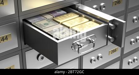 Safe deposit box, money cash and gold ingots in a drawer, valuables safekeeping concept. Open unlock metal bank locker closeup. 3d illustration Stock Photo