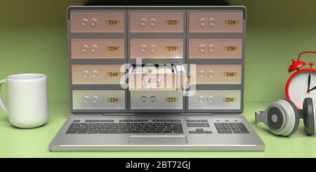 Safe deposit boxes and open drawer full of vlaluables on computer laptop screen, office desk background. Online banking, internet security concept. 3d Stock Photo