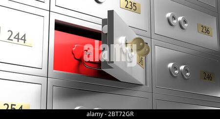 Safe deposit box closeup. Open unlock metal bank locker and red color drawer, valuables and jewels safekeeping concept. 3d illustration Stock Photo