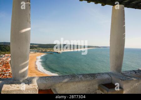 View of Nazare and its beach from the viewpoint of O Sitio Stock Photo