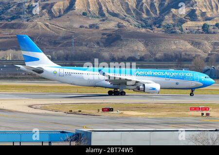 Aerolineas Argentinas Airbus A330 preparing for take off at Madrid Barajas International Airport. Aircraft A332 LV-FVH before departure to Argentina. Stock Photo