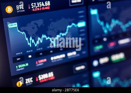 Cryptocurrency market. Bitcoin, Ethereum, Litecoin, Ripple. A cryptocurrency is a digital or virtual currency. Business and market trade concept Stock Photo