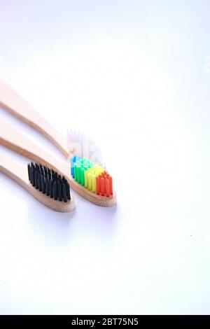 Eco friendly bamboo tooth brush on white background  Stock Photo