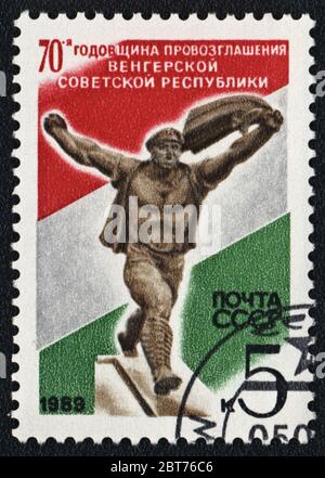 70th Anniversary of the Proclamation of the Hungarian Soviet Republic. Postage stamp USSR, 1989 Stock Photo