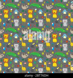 Cute Animals Seamless Pattern, Cartoon Hand Drawn Animal Doodles Vector Illustration. Stock Vector