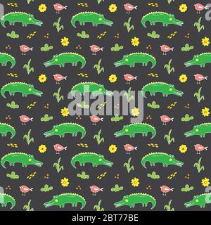 Cute Crocodile or Alligator with little bird Seamless Pattern, Cartoon Hand Drawn Animal Doodles Vector Illustration background . Stock Vector