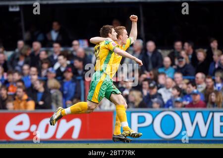 IPSWICH, UK. APRIL 13: Norwich's Ched Evans celebrates in the East Anglia derby  during the Coca Cola Championship between Ipswich Town and Norwich Ci Stock Photo