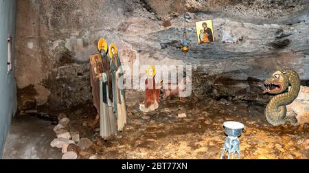 Inside View of Mega Spilaio the Monastery of the Dormition of the Theotokos an old Greek Orthodox monastery near Kalavryta in Greece Stock Photo