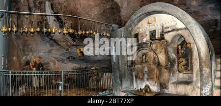 Inside View of Mega Spilaio the Monastery of the Dormition of the Theotokos an old Greek Orthodox monastery near Kalavryta in Greece Stock Photo