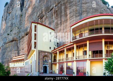 View of Mega Spilaio the Monastery of the Dormition of the Theotokos an old Greek Orthodox monastery near Kalavryta in Greece Stock Photo