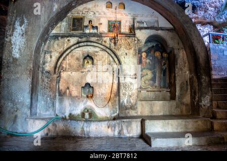 Inside View of Mega Spilaio the Monastery of the Dormition of the Theotokos an old Greek Orthodox monastery near Kalavryta in Greece Stock Photo