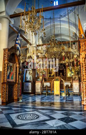 Inside View of Mega Spilaio the Monastery of the Dormition of the Theotokos an old Greek Orthodox monastery near Kalavryta in Greece Stock Photo