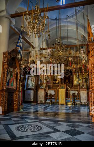 Inside View of Mega Spilaio the Monastery of the Dormition of the Theotokos an old Greek Orthodox monastery near Kalavryta in Greece Stock Photo