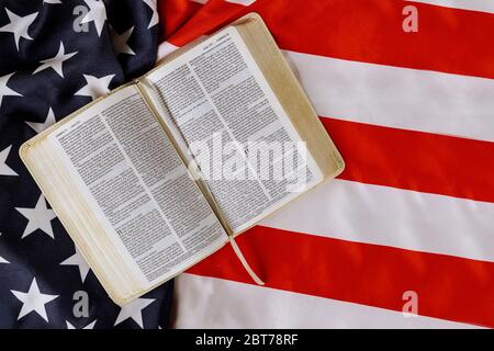 Los Angeles CA US 16 MAY 2020: American flag with open Holy book Bible in reading with prayer for america over US flag Stock Photo