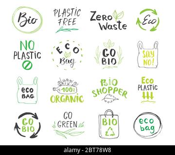 Eco and Bio Calligraphic Letterings Set. Lettering with eco friendly ...