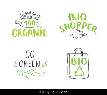 Eco and Bio Calligraphic Letterings Set. Lettering with eco friendly ...