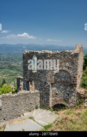 Ruins beside the Hagia Sophia church in the medieval, byzantine 'castletown' of Mystras, close to Sparta town, Lakonia, Peloponnese. Stock Photo