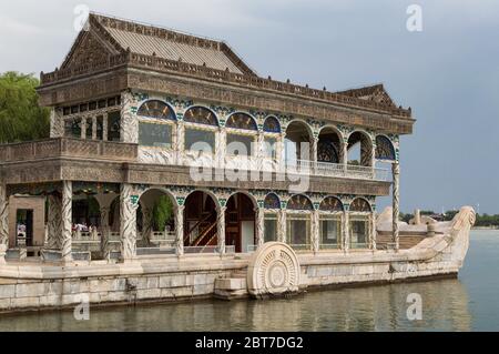 Beijing / China - June 6, 2015: The Marble Boat also known as the Boat of Purity and Ease, a lakeside pavilion on the grounds of the Summer Palace in Stock Photo