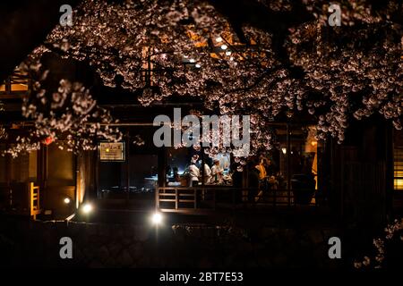 Kyoto, Japan - April 9, 2019: Gion in spring cherry blossom during dark night and people sitting eating in Namisato restaurant izakaya by illuminated Stock Photo