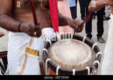 Chenda Melam - Kerala Traditional Music, Drummers of Kerala, (Temple Musics playing with Traditional Drums), Artists in Temple (Photo © Saji Maramon) Stock Photo