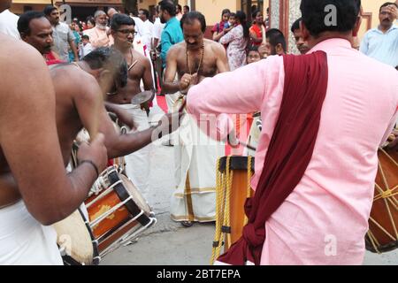 Chenda Melam - Kerala Traditional Music, Drummers of Kerala, (Temple Musics playing with Traditional Drums), Artists in Temple (Photo © Saji Maramon) Stock Photo