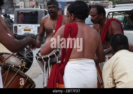 Chenda Melam - Kerala Traditional Music, Drummers of Kerala, (Temple Musics playing with Traditional Drums), Artists in Temple (Photo © Saji Maramon) Stock Photo