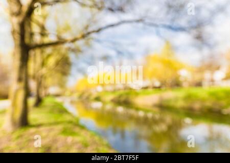 Blurred park garden tree and river in nature background, blurry green bokeh light outdoor in spring background Stock Photo