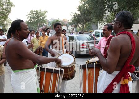 Chenda Melam - Kerala Traditional Music, Drummers of Kerala, (Temple Musics playing with Traditional Drums), Artists in Temple (Photo © Saji Maramon) Stock Photo