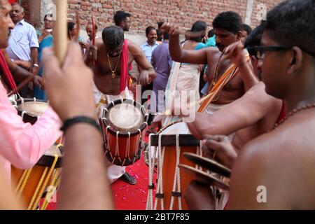 Chenda Melam - Kerala Traditional Music, Drummers of Kerala, (Temple Musics playing with Traditional Drums), Artists in Temple (Photo © Saji Maramon) Stock Photo