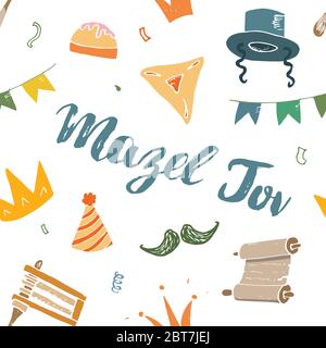 Mazel tov seamless pattern, Jewish holiday hand drawn items, vector illustration. Stock Vector