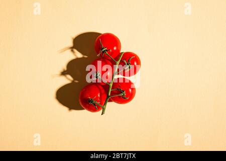 Cherry tomato vegetables, fresh ripe food on minimal cream colored background, top view Stock Photo