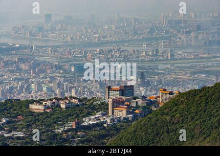 Aerial view of the Chinese Culture University and cityscape from Yangmingshan National Park at Taipei, Taiwan Stock Photo