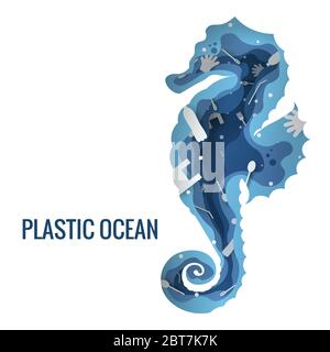 Text - plastic ocean. Plastic trash planet pollution concept vector illustration. Seahorse marine mammal outline filled with plastic waste 3d icon. 3D Stock Vector