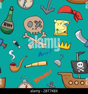 Pirate Doodles Seamless pattern. Cute pirate items sketch. Hand drawn Cartoon Vector illustration. Stock Vector