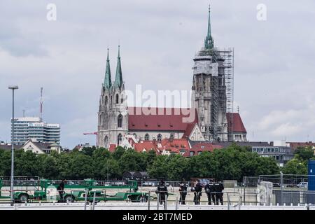 Munich, Bavaria, Germany. 23rd May, 2020. Saint Paul's Church at the edge of the Therisienwiese under renovation. After days of back and forth wrangling with the Munich Kreisverwaltungsreferat, the organizers of the so-called 'Hygiene Demo'' in Munich were again granted permission for 1,000 distanced participants inside the demo area only to have torrential downpours and dangerous winds cause a cancellation for the 500 that arrived.Further being criticized by politicians, civic groups and healthcare workers are the words of 'no violence'' for the previous demo as a marker of success whil Stock Photo