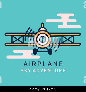 Retro airplane flat image. Retro airplane flying in the sky Stock Vector