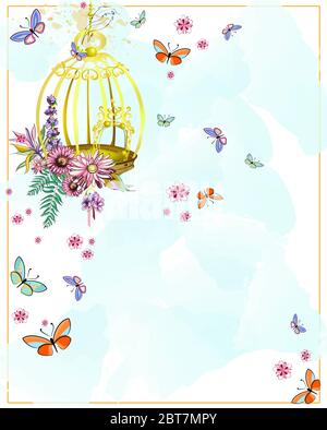 bird cage hanging from branch with different flowers and leaves on blue watercolor background Stock Vector