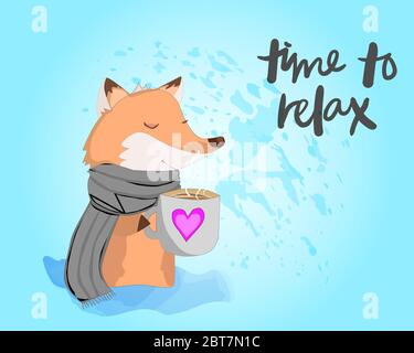 Cute cartoon fox with cup of tea and a scarf on a white background. Time to relax Stock Vector