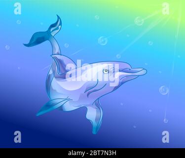 A dolphin in the sea with air bubbles and sunshine Stock Vector