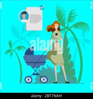 Concept Flat illustration. Young woman walking with a baby carriage and write in smartphone Stock Vector