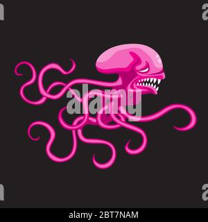 octopus pink cartoon on black isolated background. Vector image Stock Vector
