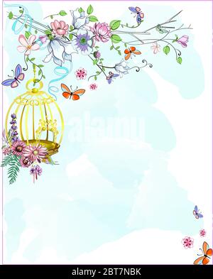 bird cage hanging from branch with different flowers and leaves on blue watercolor background Stock Vector
