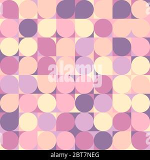 Circles in squares, triangles - geometric square seamless pattern. Purple, pink, yellow shades of color. Background, texture for paper, textiles, webs Stock Vector