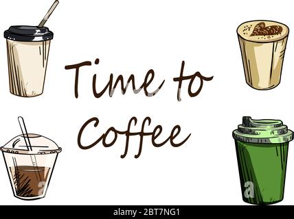Set of paper Coffee Cups with coffee on white background. Food and drink, vintage and retro. Print for postcard or poster. Coffee to go. Stock Vector