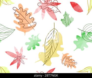 Seamless Watercolor autumn nature pattern texture with red, yellow and green tree leaves on white background. season wallpaper Stock Vector