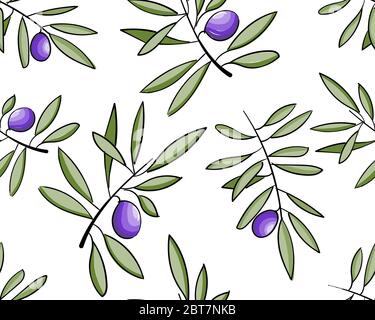 Seamless pattern olive tree twigs isolated on white. Vintage olive background Stock Vector