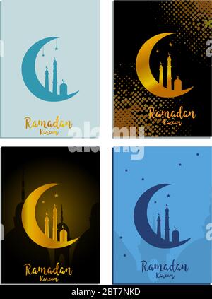 Ramadan Kareem greeting islamic design symbol crescent with arabic pattern. Four layot for a vector card Stock Vector