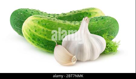 Isolated pickled cucumbers. Two gherkins, head of garlic and dill isolated on white background Stock Photo